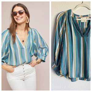 NWOT Anthropologie Maeve "Brenda" Peasant Long Sleeve Blouse Top in Teal Stripe
